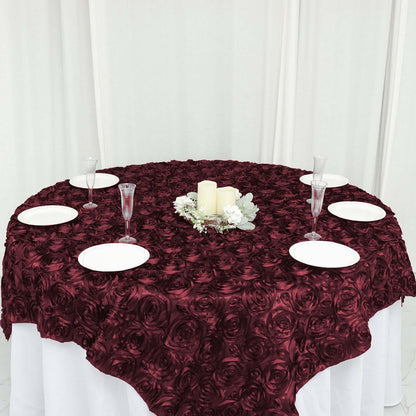 Satin 72"x72" Table Overlay Square Tablecloth Burgundy - 3D Rosette Table Cover