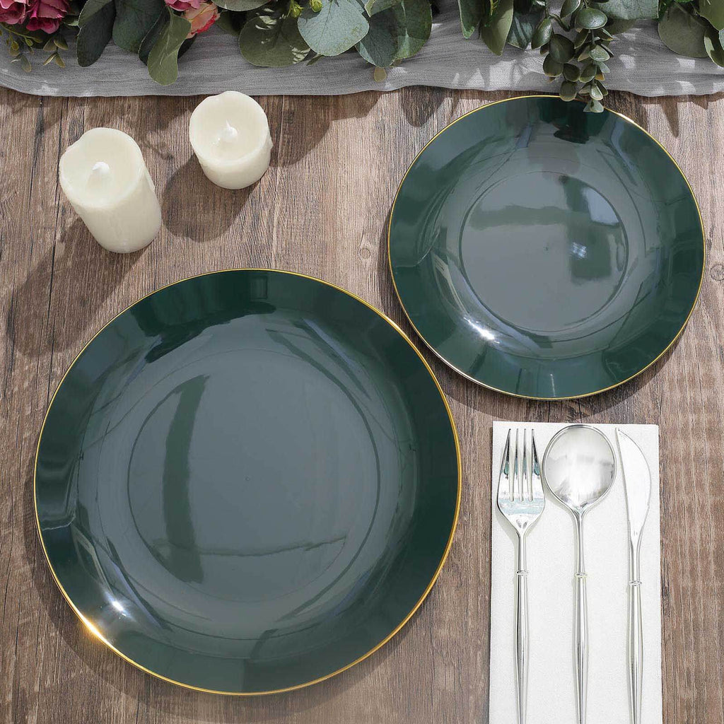 10-Pack Plastic 10" Round Dinner Plates in Hunter Emerald Green with Gold Rim - Glossy Disposable Party Plates
