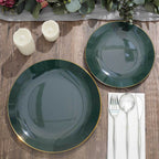 10-Pack Plastic 10" Round Dinner Plates in Hunter Emerald Green with Gold Rim - Glossy Disposable Party Plates