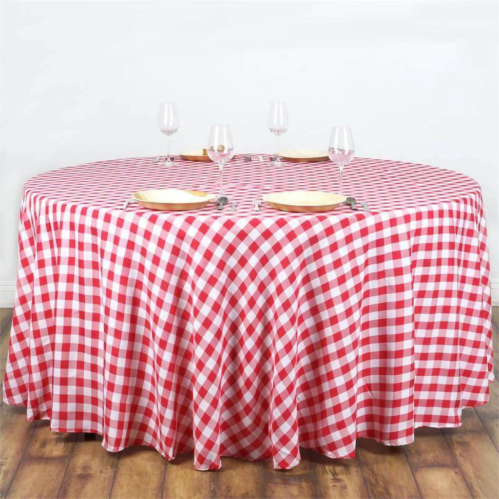 Polyester 108" Round Tablecloth White/Red - Checkered Buffalo Plaid Table Cover