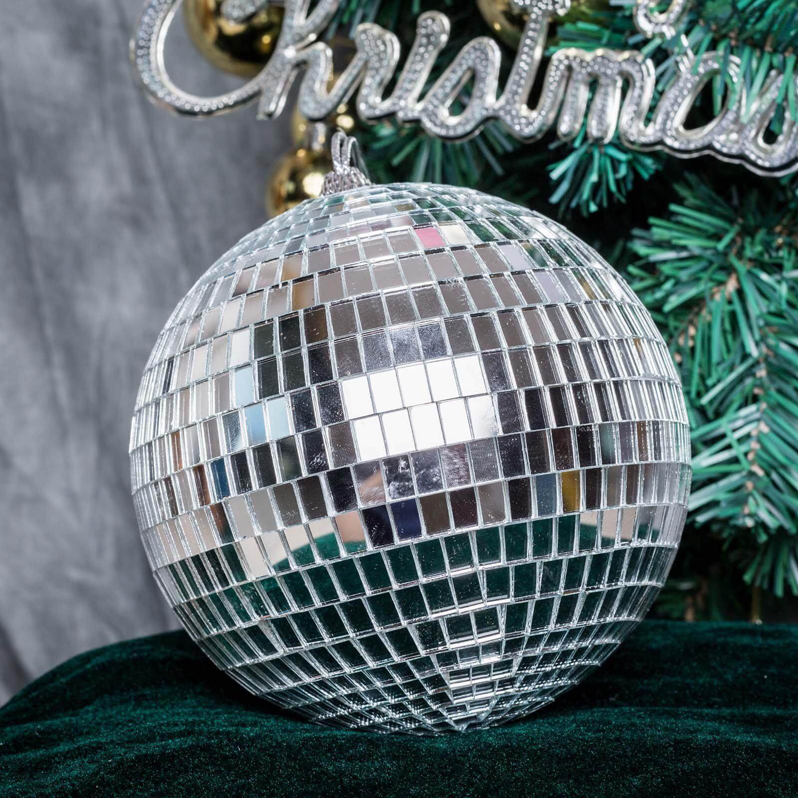 4 Pack 6" Silver Foam Disco Mirror Ball With Hanging Strings, Holiday Christmas Ornaments