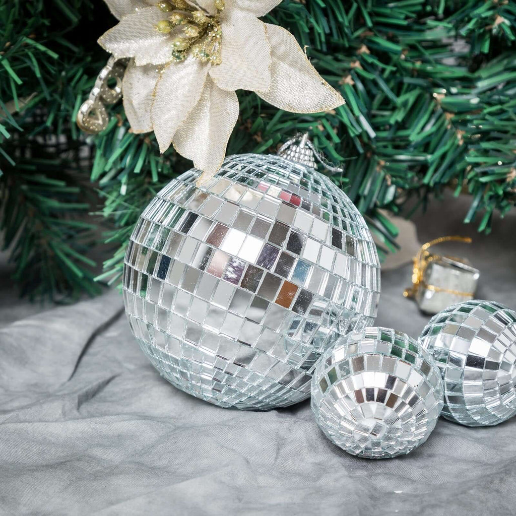 4 Pack 4" Silver Foam Disco Mirror Ball With Hanging Strings, Holiday Christmas Ornaments