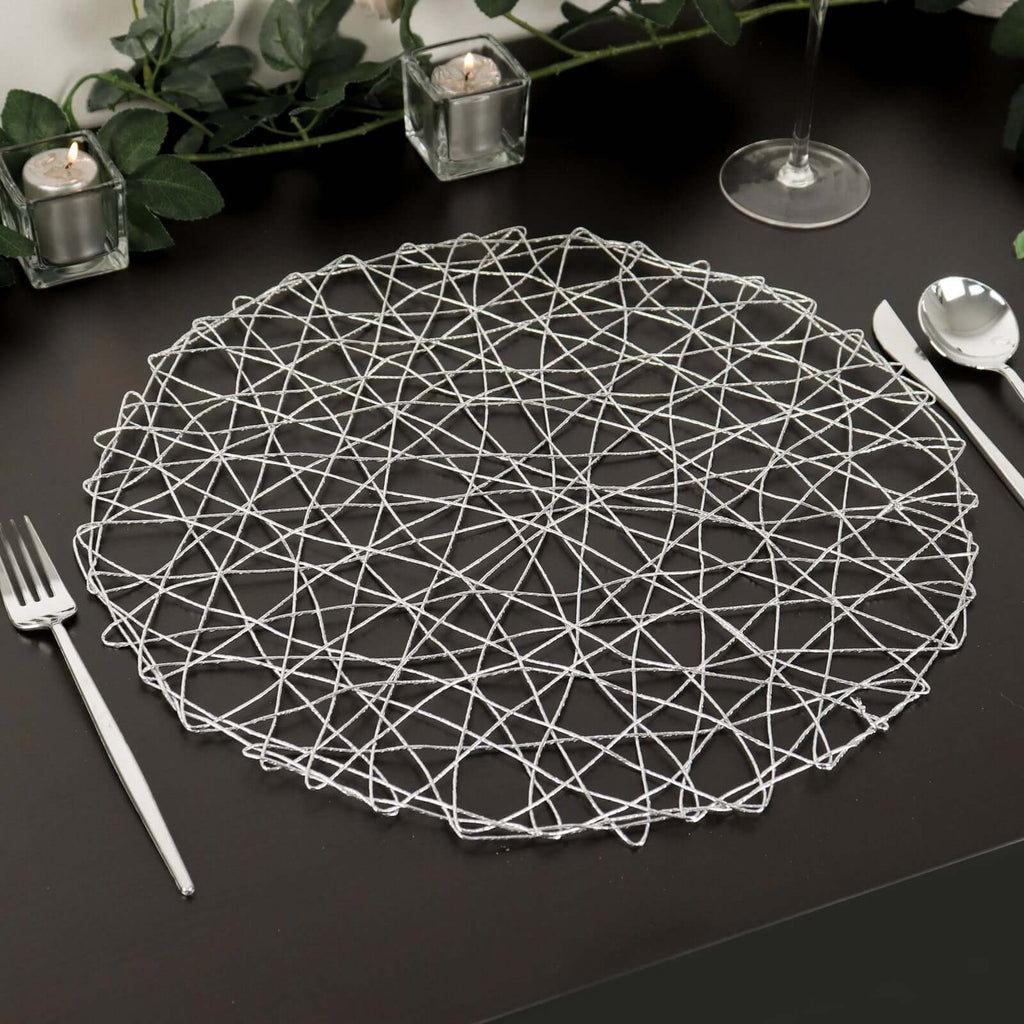 6-Pack Table Placemats Woven Fiber Design Silver Round - Disposable Mats for Dining and Events 15"