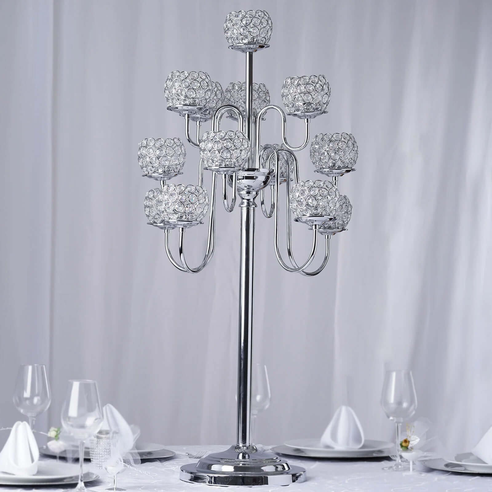 Metal Crystal Beaded Candelabra Silver 13 Arm Design - Table Centerpiece for Events 40"