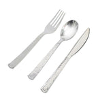 24-Pack Plastic Silverware Set with Hammered Design Silver - Heavy Duty Disposable Utensils 7"