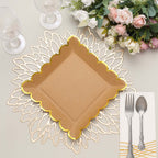 25-Pack Paper 9" Square Dinner Plates in Natural Brown with Gold Scalloped Rim - Disposable Party Plates for Rustic Gatherings & Chic Events