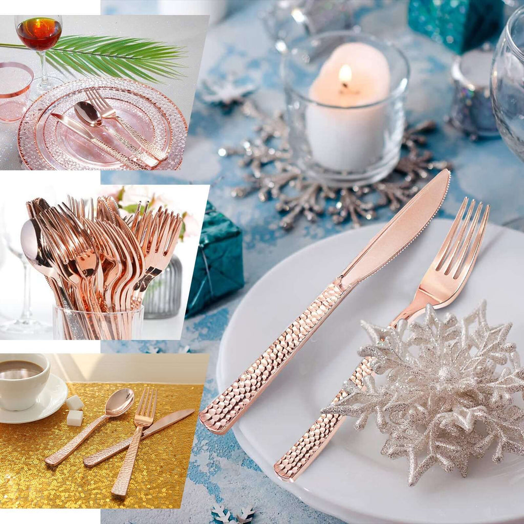 24-Pack Plastic Forks with Hammered Style Rose Gold - Heavy Duty Disposable Silverware 7"