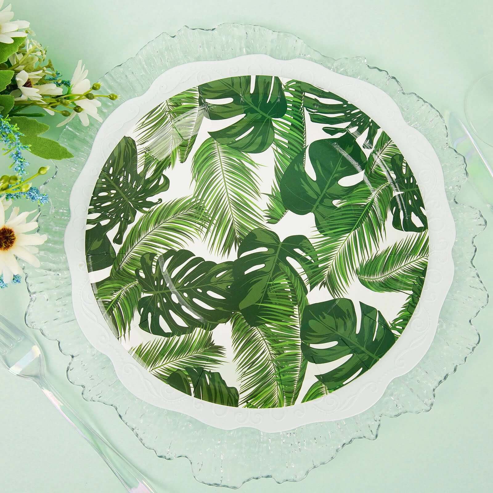 25-Pack Paper 9" Round Dinner Plates in White with Tropical Palm Leaf Design - Disposable 300GSM Party Plates for Luau & Summer Gatherings