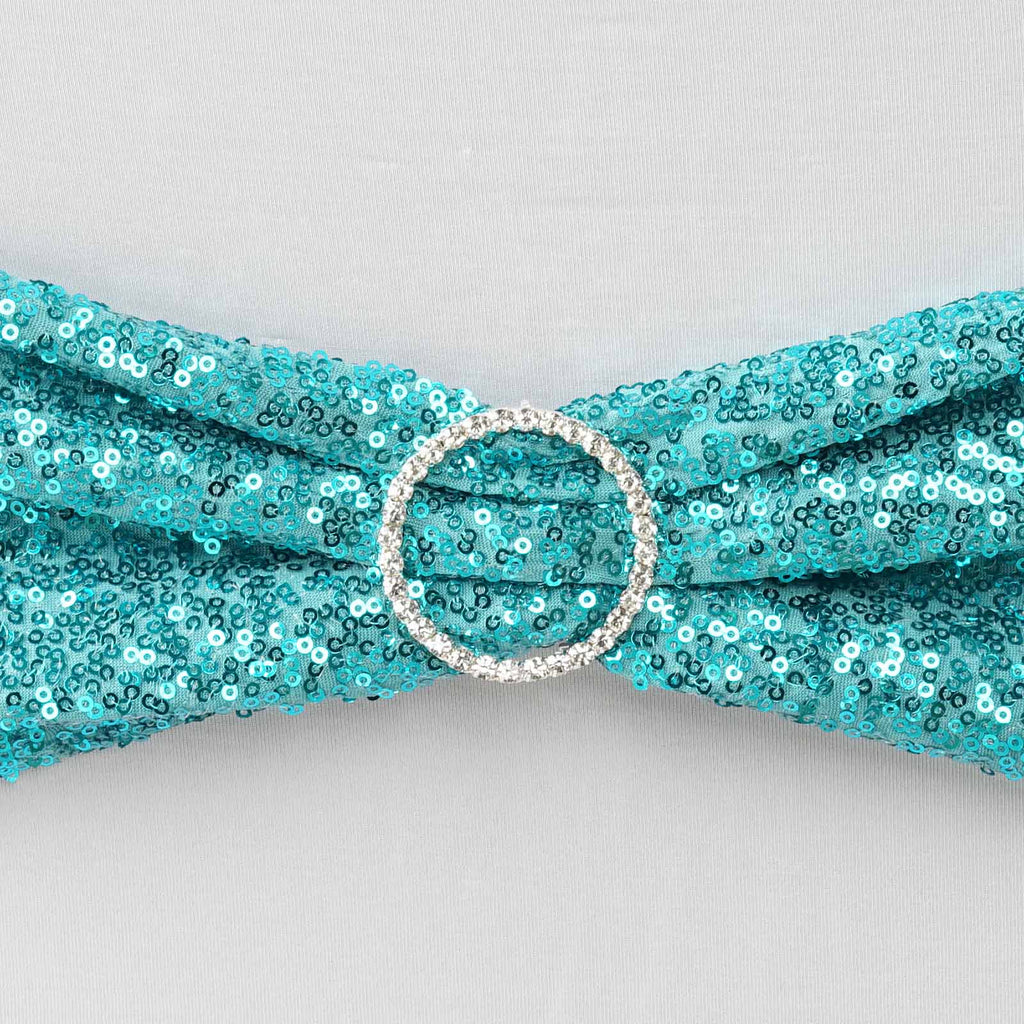 5 Pack Sequin Spandex Chair Sashes Turquoise - Stretch Chair Bands 6"x15"