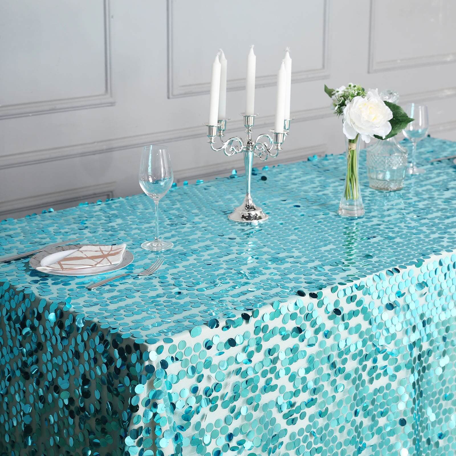 Sequin 90"x156" Rectangle Tablecloth Turquoise - Seamless Big Payette Table Cover