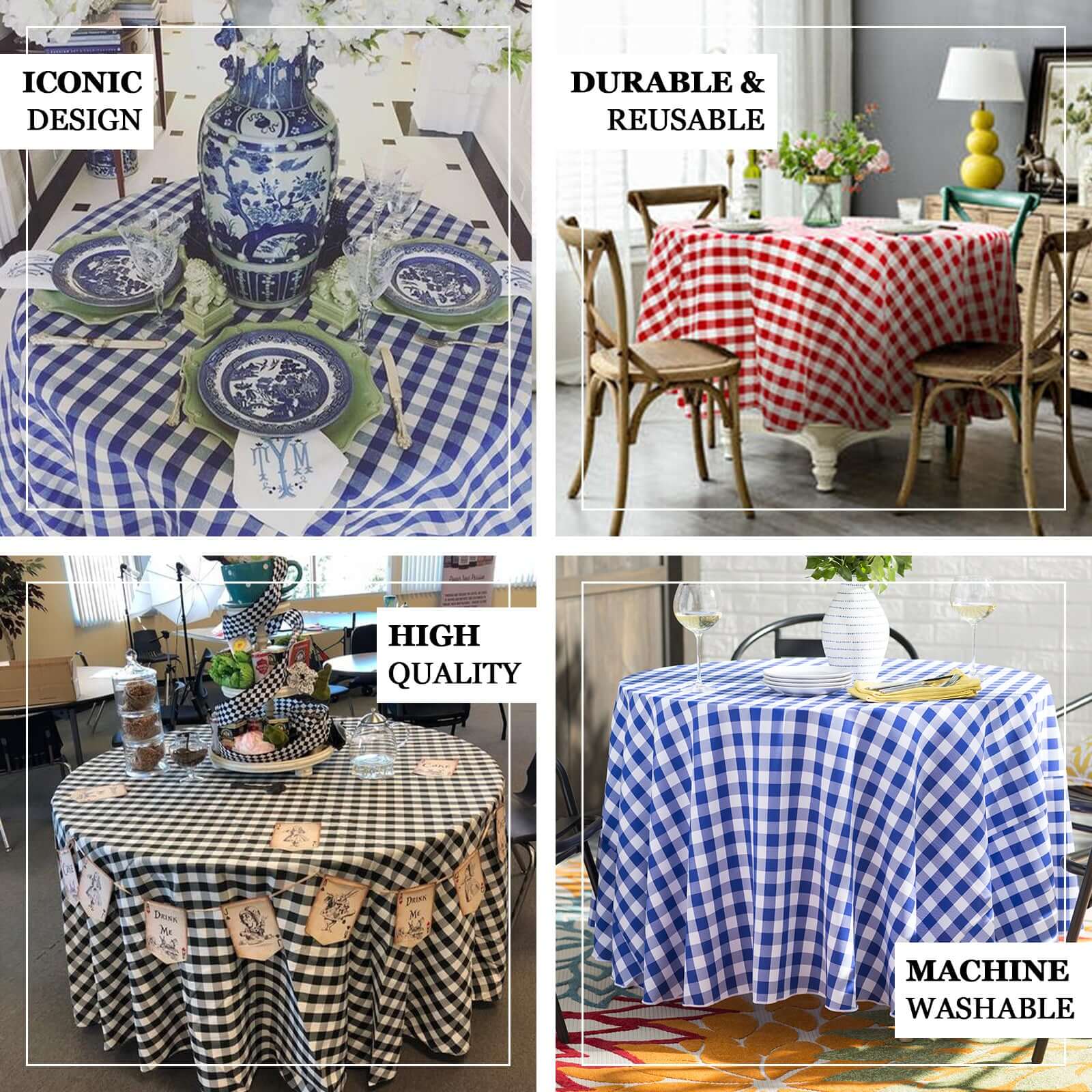 Polyester 120" Round Tablecloth White/Black Seamless - Checkered Buffalo Plaid Design for Stylish Celebrations