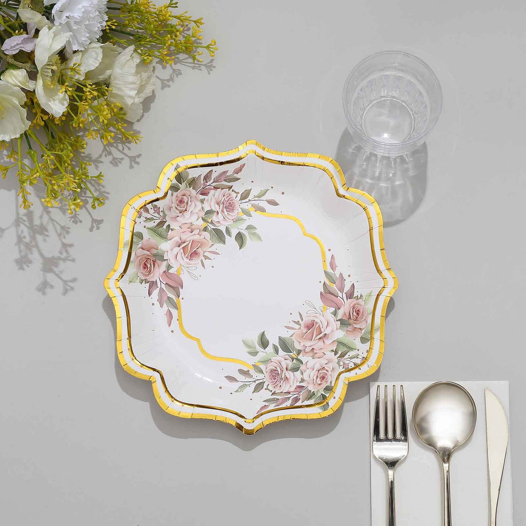 25-Pack Paper 8" Dessert Plates in White with Floral Print & Gold Scallop Rim - Disposable 300GSM Appetizer Salad Plates for Cocktail Events & Receptions