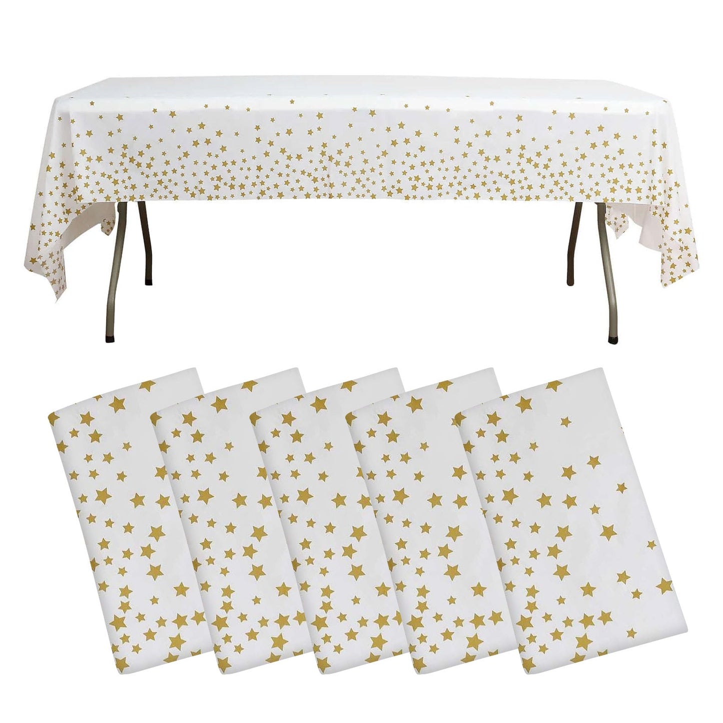 5-Pack Plastic Table Covers White Rectangle with Gold Stars - Decorative PVC Disposable Tablecloths 54"x108"