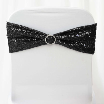 5 Pack Sequin Spandex Chair Sashes Black - Sparkly Stretch Chair Bands for Glamorous Events 6"x15"