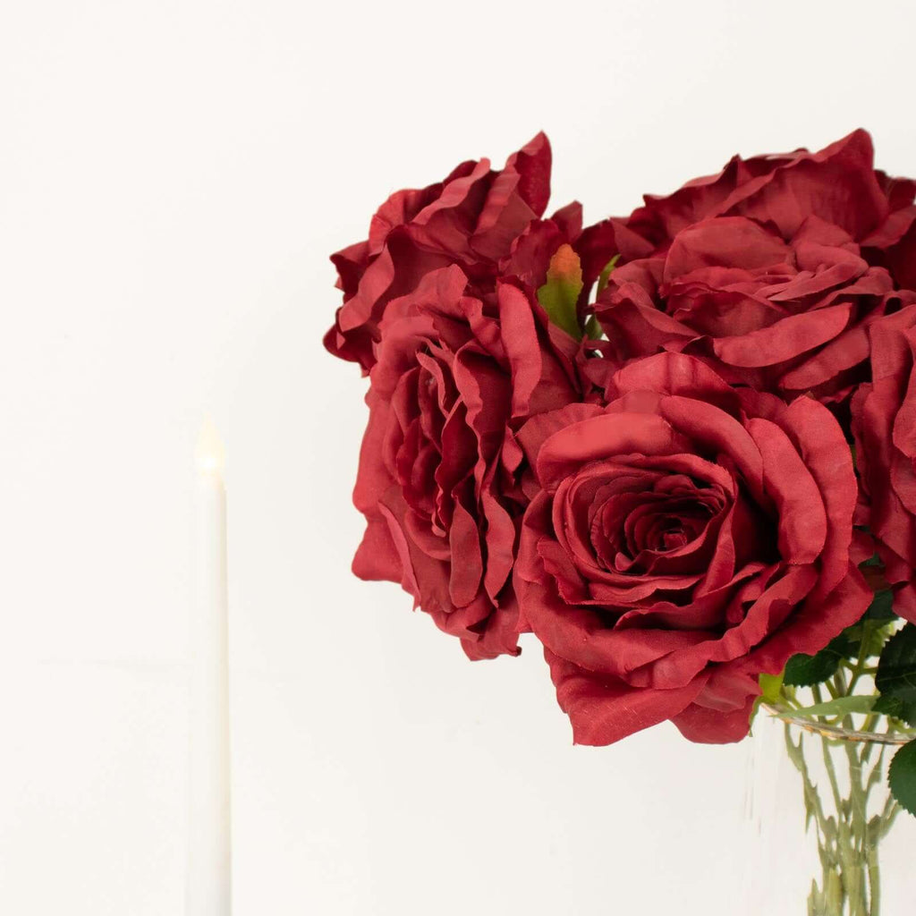 2 Bushes 17" Burgundy Premium Silk Jumbo Rose Flower Bouquet, High Quality Artificial Wedding Floral Arrangements