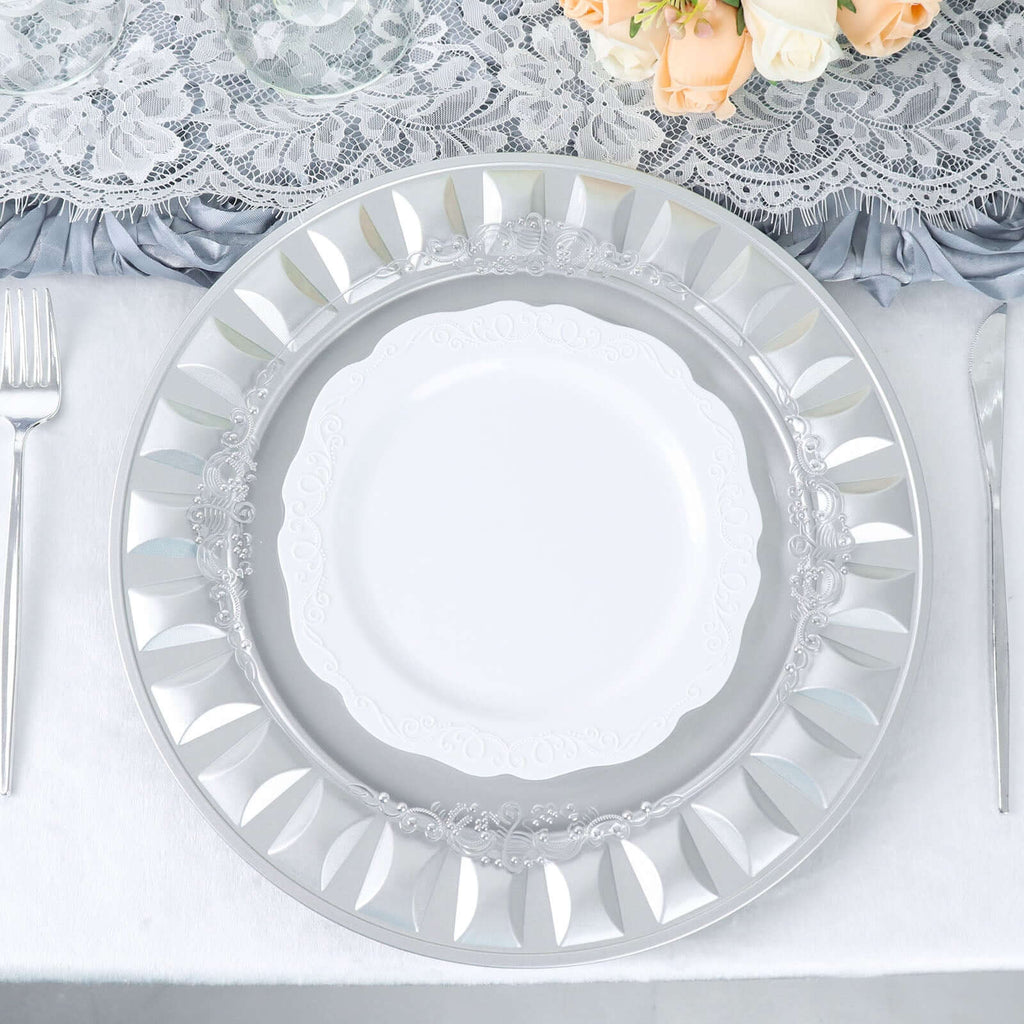 6-Pack Plastic Round Charger Plates 13" in Silver with Bejeweled Rim, Luxe Decorative Dinner Party Charger Tableware