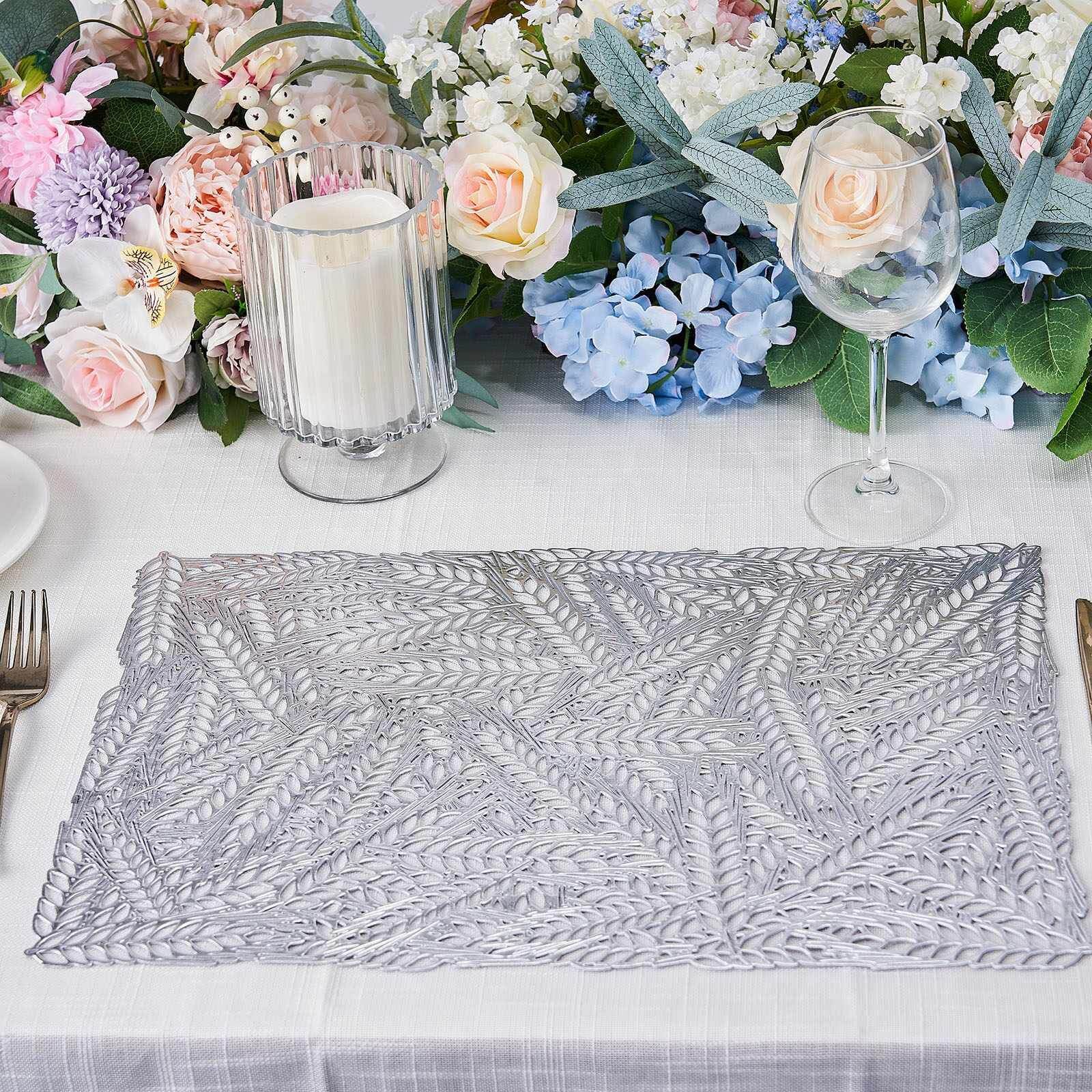 6-Pack Table Mats Wheat Design Silver - Vinyl Rectangle Non-Slip Surface for Stylish Settings 12"x18"