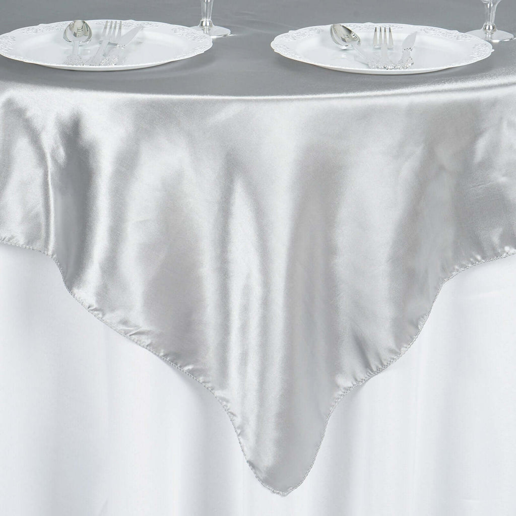 Satin 60"x60" Table Overlay Square Tablecloth Silver - Smooth Silky Touch Table Cover