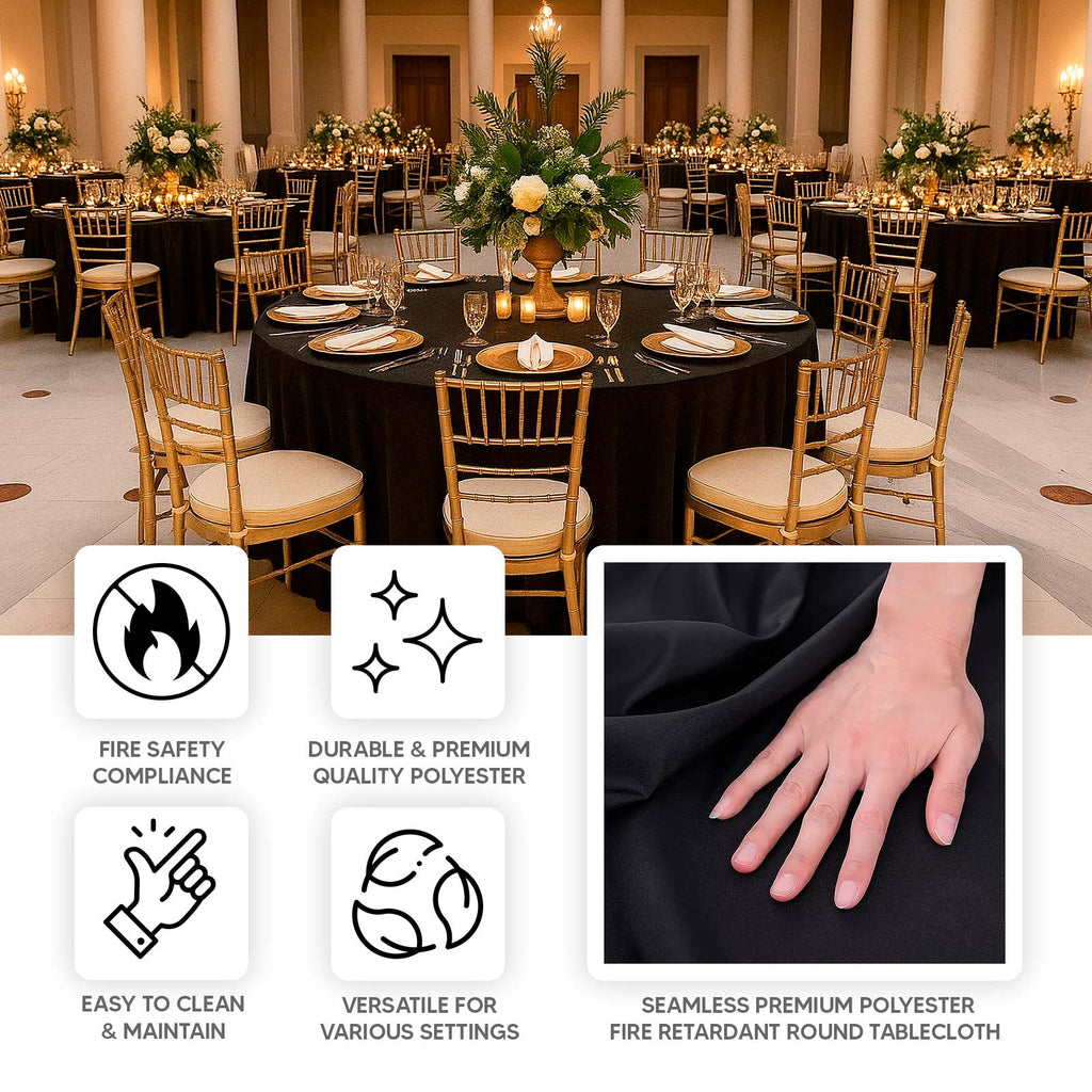Fire Retardant Premium Polyester 132" Round Tablecloth Black - High - Performance Seamless Table Cover - Bell Racket Store