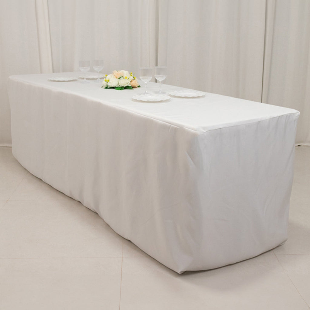 Fire Retardant Premium Polyester 8ft Rectangular Tablecloth White Fitted High - Performance Table Cover for Large Gatherings - Bell Racket Store