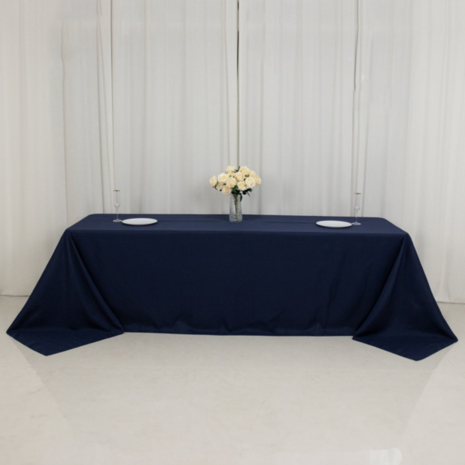 Fire Retardant Premium Polyester 90"x156" Rectangular Tablecloth Navy Blue - High - Performance Seamless Table Cover - Bell Racket Store