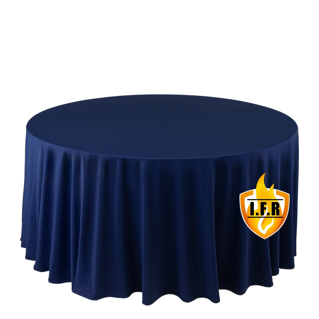 Fire Retardant Scuba Tablecloth â€“ 120" Round Navy Blue, Wrinkle Free, Stain Resistant, Seamless Polyester Cover - Bell Racket Store