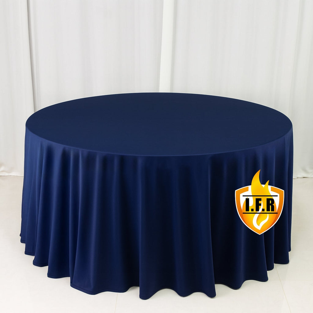Fire Retardant Scuba Tablecloth â€“ 120" Round Navy Blue, Wrinkle Free, Stain Resistant, Seamless Polyester Cover - Bell Racket Store