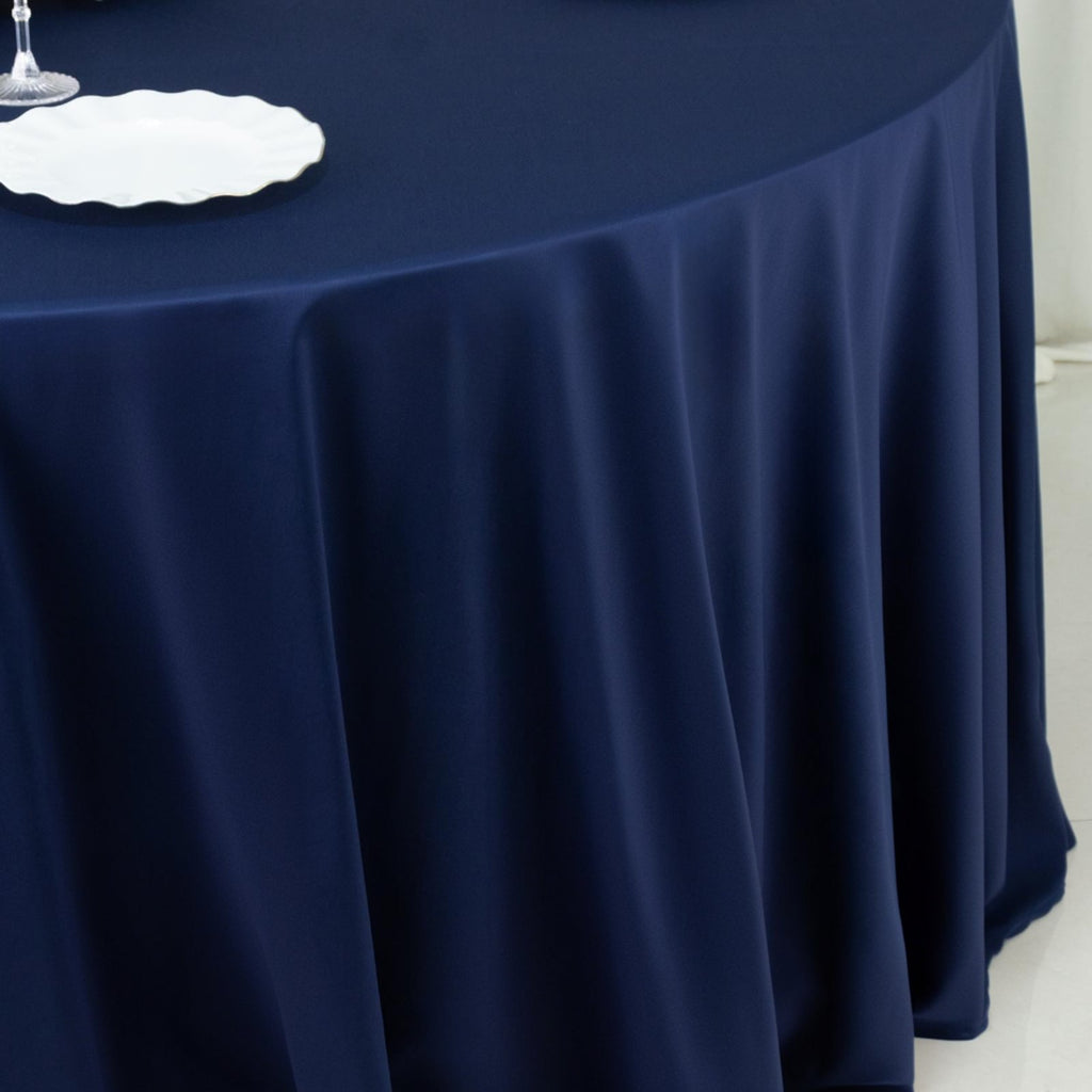 Fire Retardant Scuba Tablecloth â€“ 120" Round Navy Blue, Wrinkle Free, Stain Resistant, Seamless Polyester Cover - Bell Racket Store