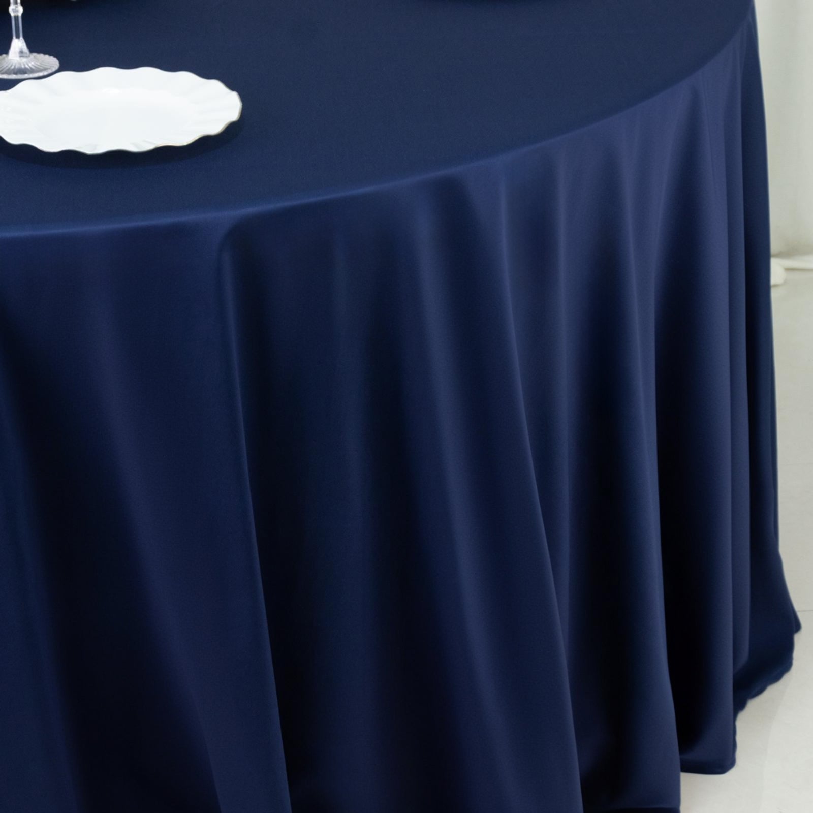 Fire Retardant Scuba Tablecloth â€“ 120" Round Navy Blue, Wrinkle Free, Stain Resistant, Seamless Polyester Cover - Bell Racket Store