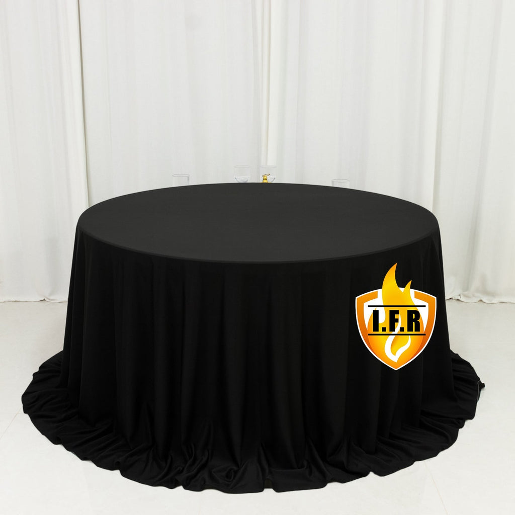 Fire Retardant Scuba Tablecloth â€“ 132" Round Black, Wrinkle Free, Stain Resistant, Seamless Polyester Cover - Bell Racket Store
