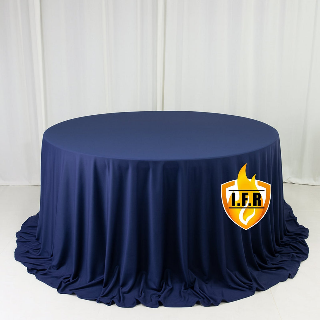 Fire Retardant Scuba Tablecloth â€“ 132" Round Navy Blue, Wrinkle Free, Stain Resistant, Seamless Polyester Cover - Bell Racket Store