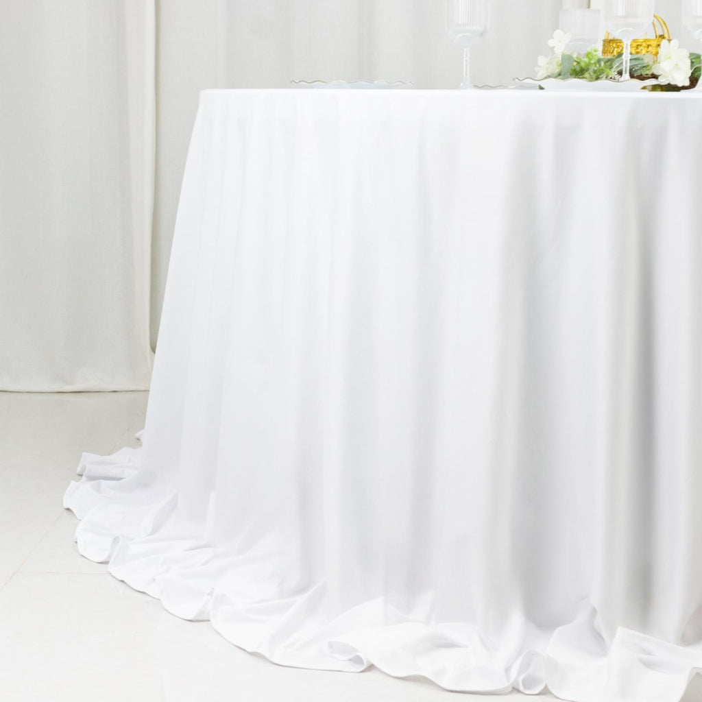 Fire Retardant Scuba Tablecloth â€“ 132" Round White, Wrinkle Free, Stain Resistant, Seamless Polyester Cover - Bell Racket Store