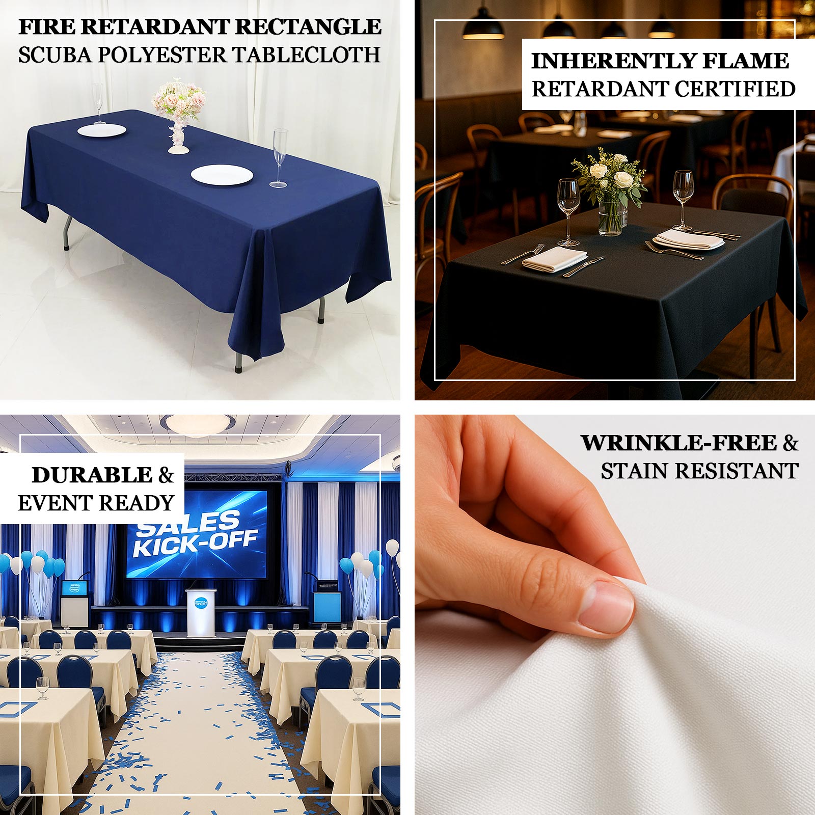 Fire Retardant Scuba Tablecloth â€“ 60"x102" Rectangle Navy Blue, Wrinkle Free, Stain Resistant Polyester Cover - Bell Racket Store