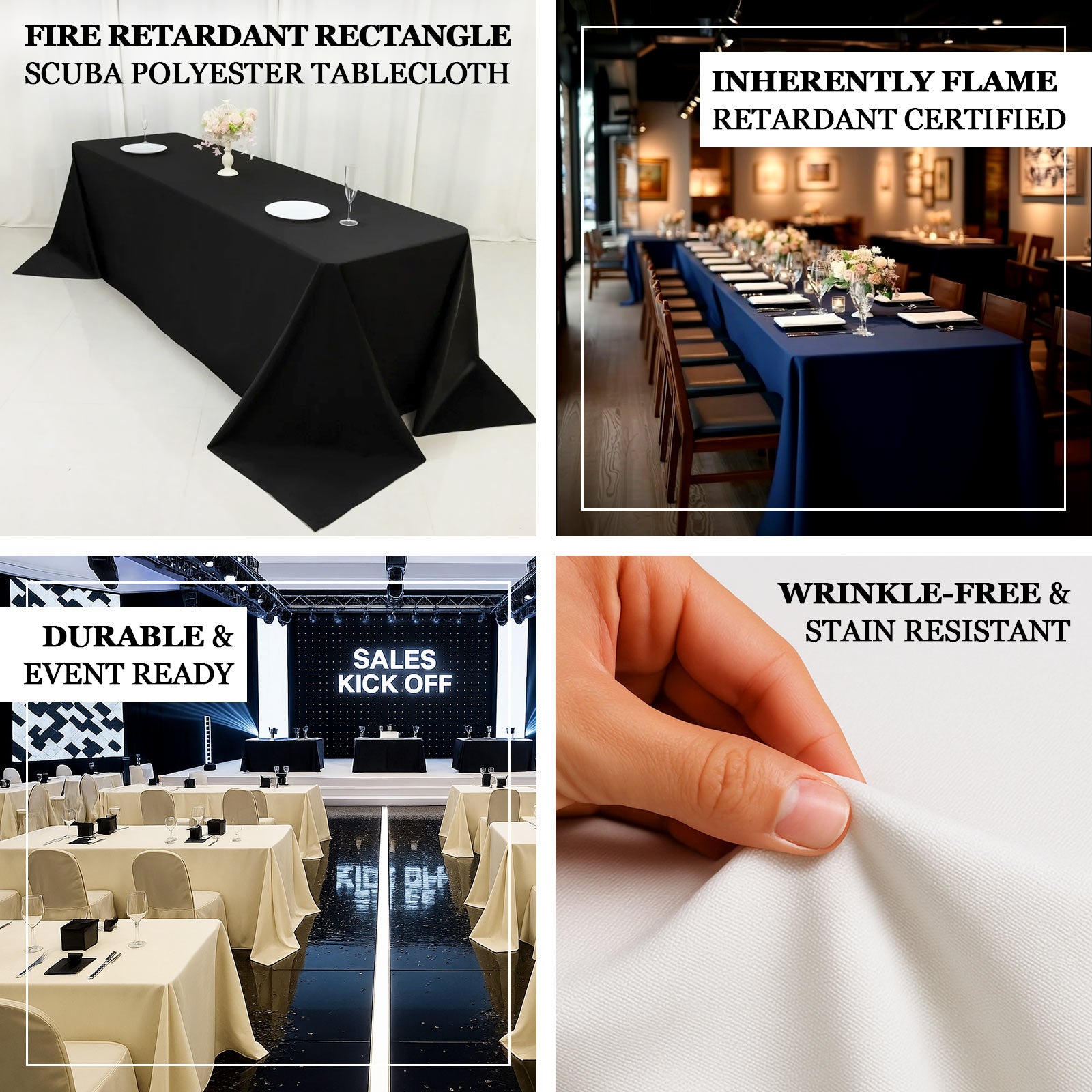 Fire Retardant Scuba Tablecloth â€“ 90"x156" Rectangle White, Wrinkle Free, Stain Resistant, Seamless Polyester Cover - Bell Racket Store