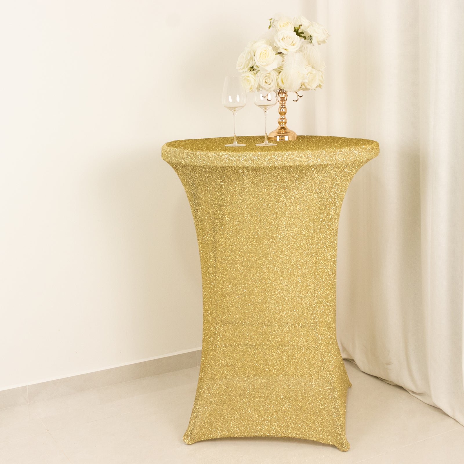 Metallic Spandex 36" Fitted Glitter Round Cocktail Table Cover Champagne - Stretch Fit for High Top Tables