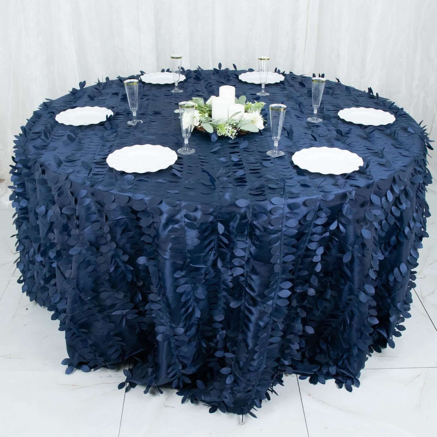 Taffeta 132" Round Tablecloth Navy Blue | 3D Leaf Petal Design Seamless Table Cover