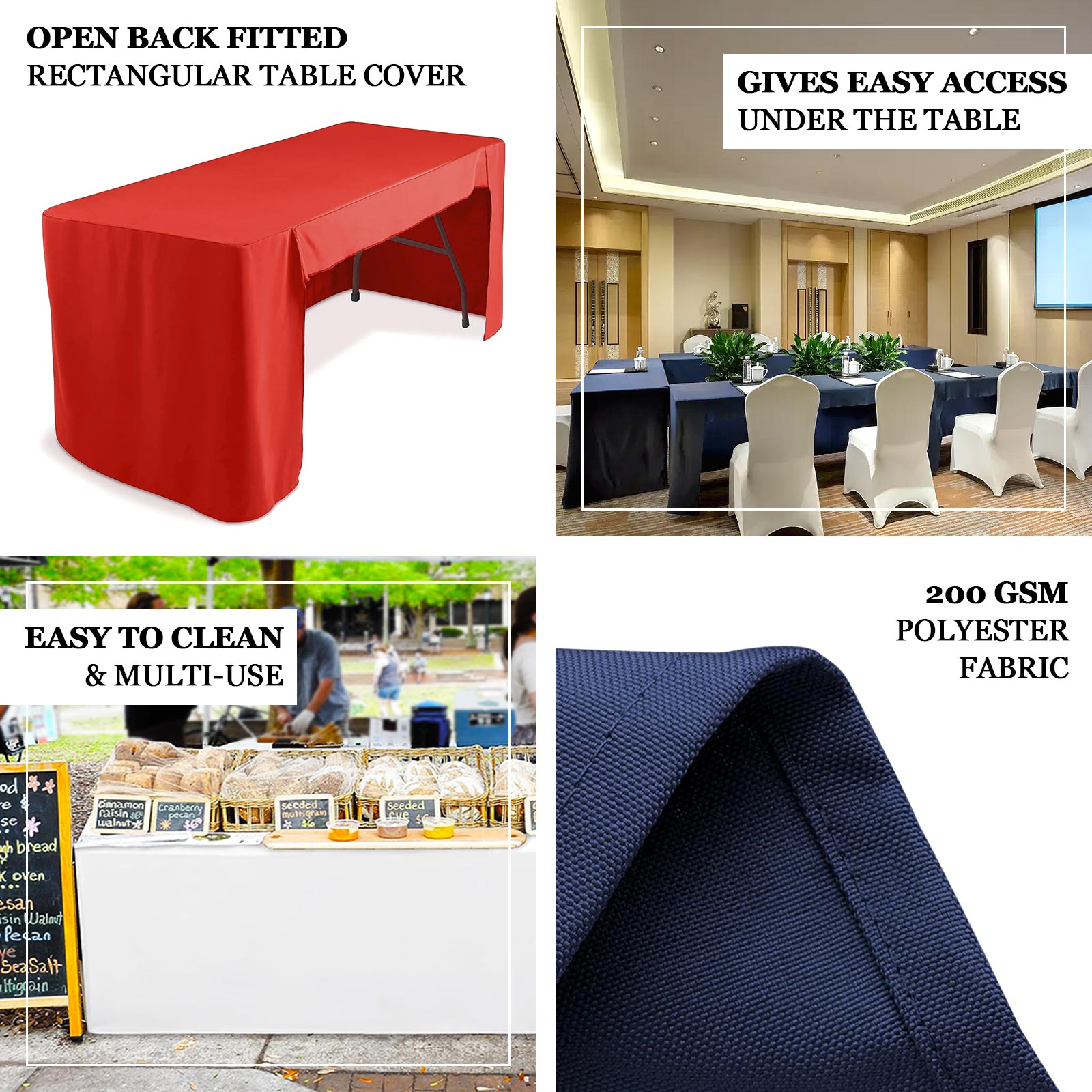 Fitted Polyester 72"x30" Rectangle Tablecloth Black with Open Back Design - Easy to Maintain and Wrinkle - Resistant Table Cover - Bell Racket Store