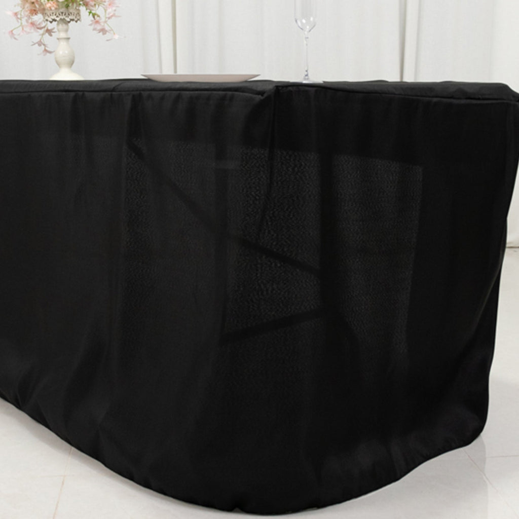Fitted Polyester 96"x30" Rectangle Tablecloth Black with Open Back Design - Easy to Maintain and Wrinkle - Resistant Table Cover for Trade Shows & Displays - Bell Racket Store