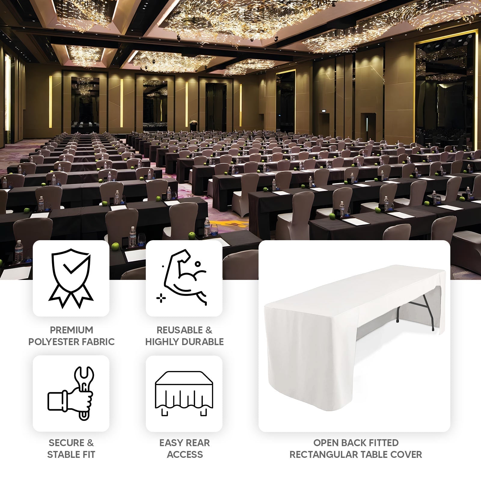 Fitted Polyester 96"x30" Rectangle Tablecloth Black with Open Back Design - Easy to Maintain and Wrinkle - Resistant Table Cover for Trade Shows & Displays - Bell Racket Store