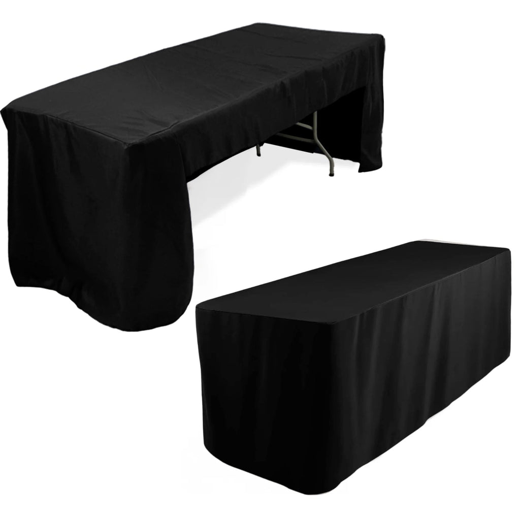 Fitted Polyester 96"x30" Rectangle Tablecloth Black with Open Back Design - Easy to Maintain and Wrinkle - Resistant Table Cover for Trade Shows & Displays - Bell Racket Store