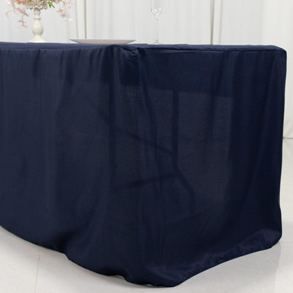 Fitted Polyester 96"x30" Rectangle Tablecloth Navy Blue with Open Back Design - Easy to Maintain and Wrinkle - Resistant Table Cover for Trade Shows & Displays - Bell Racket Store