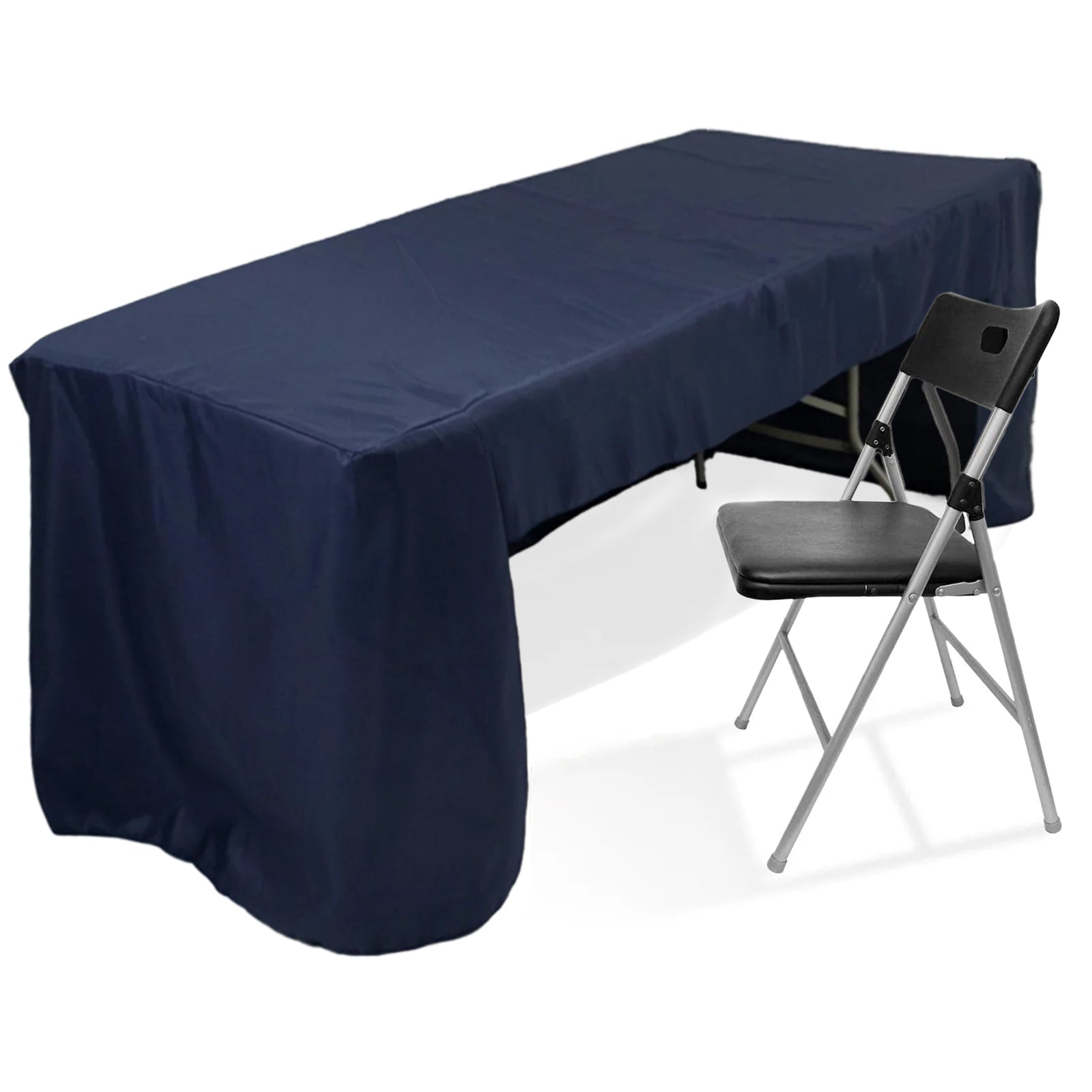 Fitted Polyester 96"x30" Rectangle Tablecloth Navy Blue with Open Back Design - Easy to Maintain and Wrinkle - Resistant Table Cover for Trade Shows & Displays - Bell Racket Store