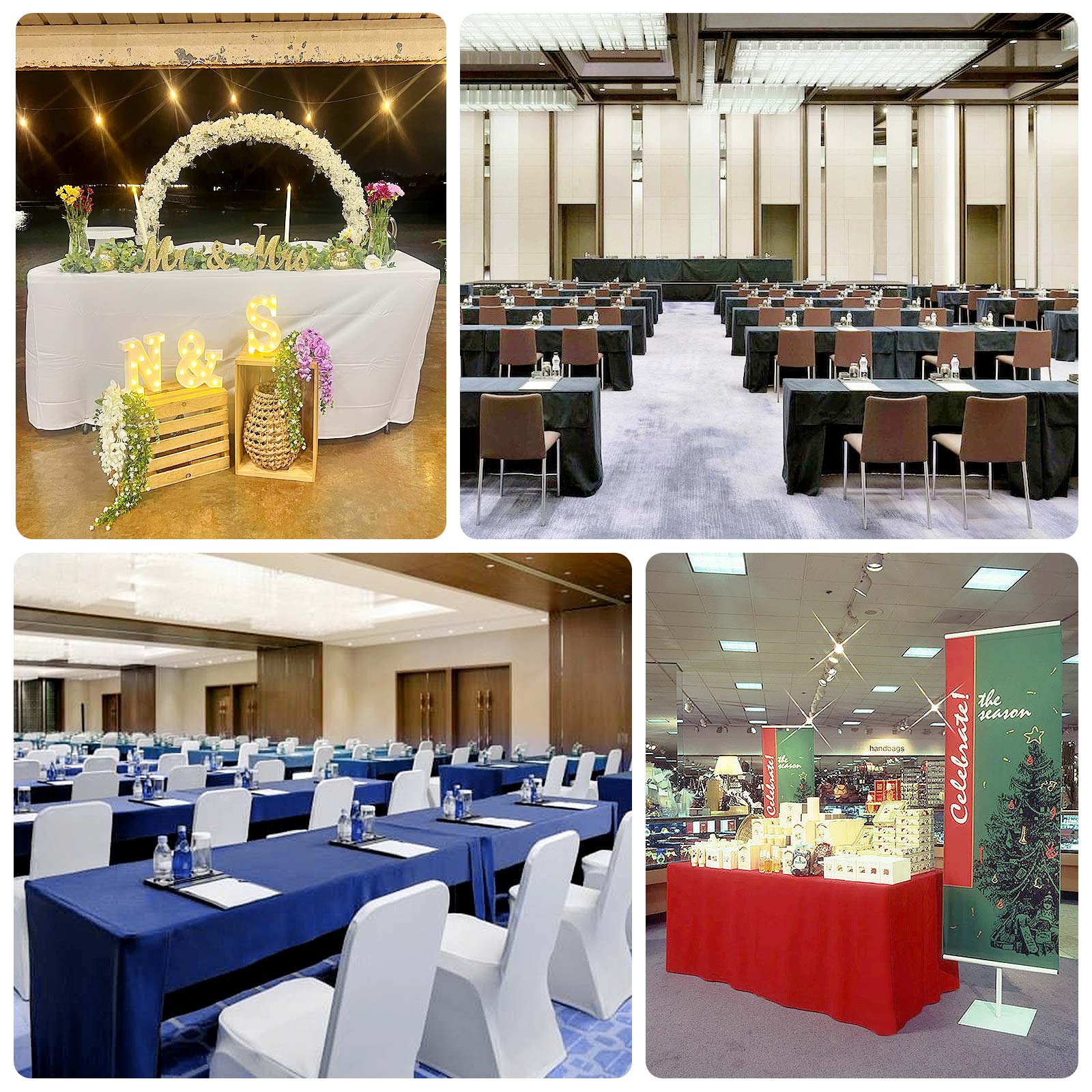 Fitted Polyester 96"x30" Rectangle Tablecloth White with Open Back Design - Easy to Maintain and Wrinkle - Resistant Table Cover for Trade Shows & Displays - Bell Racket Store