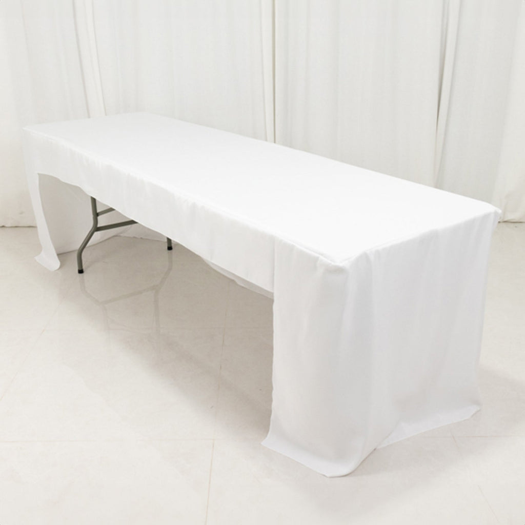 Fitted Polyester 96"x30" Rectangle Tablecloth White with Open Back Design - Easy to Maintain and Wrinkle - Resistant Table Cover for Trade Shows & Displays - Bell Racket Store