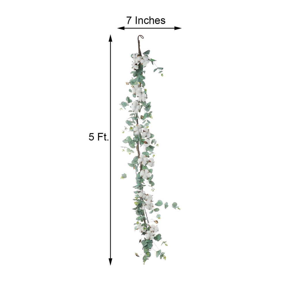5ft Green Artificial Eucalyptus Leaf, White Cotton Ball Garland Vine