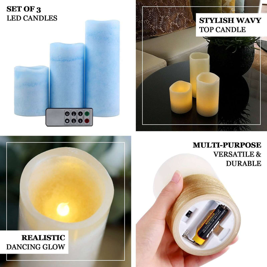 Set of 3 LED Flameless Pillar Candles Remote Operated Metallic Silver - Battery Powered 4", 6", 8"