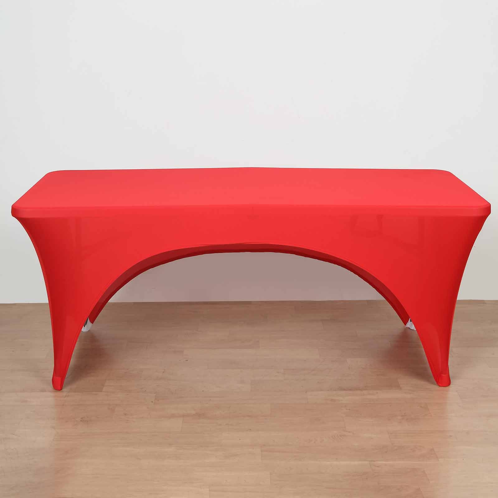Stretch Spandex 96"x30" Rectangle Table Cover Red with Curved Open Back Design Tailored Professional Look
