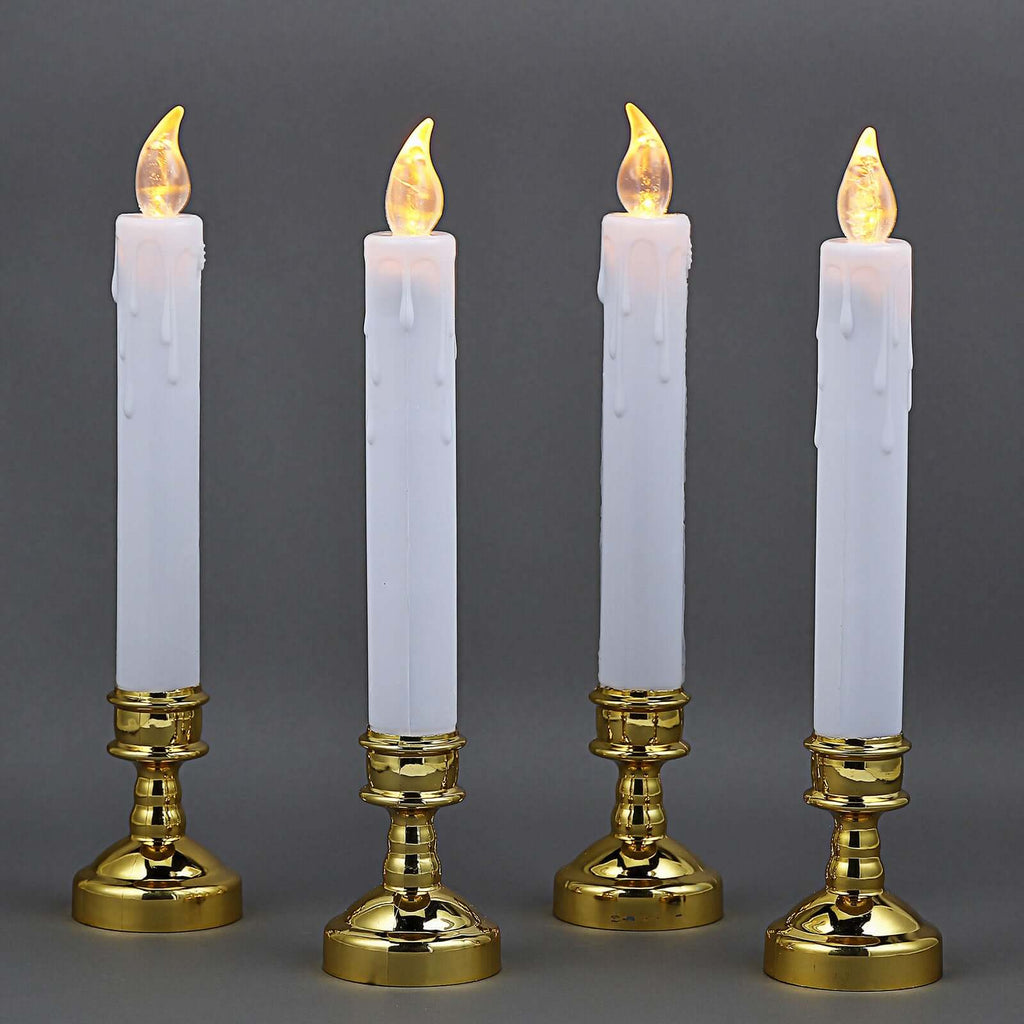 Set of 6 LED Window Candles Flickering White - Battery Operated Taper Candles with Gold Holders 10"