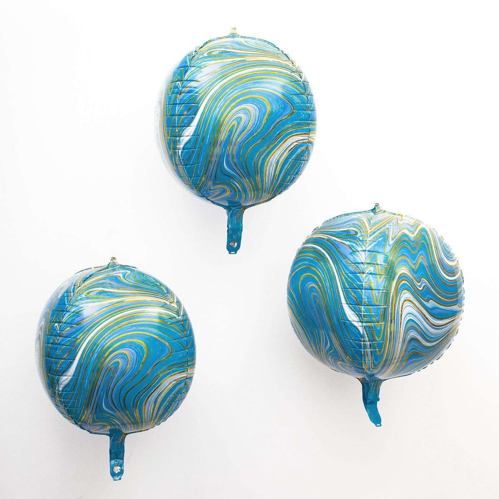 3 Pack 13" 4D Blue Gold Marble Sphere Foil Helium or Air Balloons