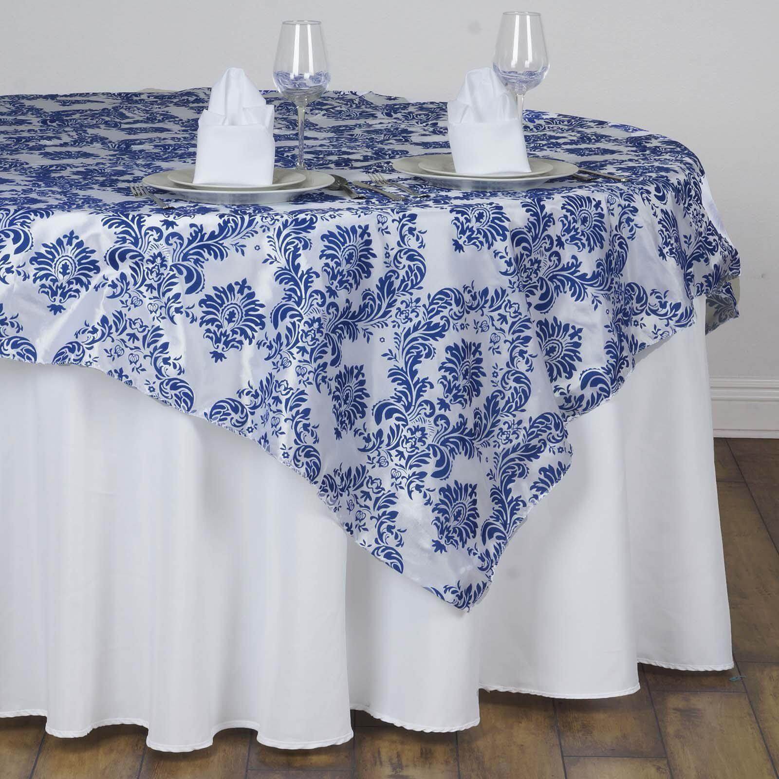 Flocking 60"x60" Table Overlay Square Tablecloth Royal Blue - Damask Table Cover - Bell Racket Store